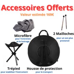 les accessoires du handpan sont offerts (trépied, housse de protection, mailloche)