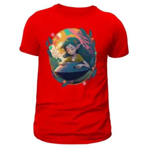 handpan t shirt rouge, imprimé elfe et handpan, pour homme de couleur rouge