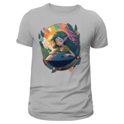 drum t shirt fantaisie, imprimé elfe et handpan, pour homme de couleur gris chiné