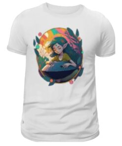 handpan t shirt fantaisie, imprimé elfe et handpan, pour homme de couleur blanc