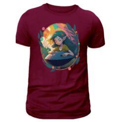 handpan t-shirts fantaisie, imprimé elfe et handpan, pour homme de couleur bordeau