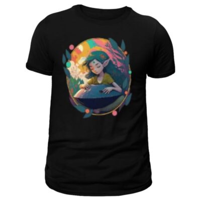 handpan tshirt fantaisie, imprimé elfe et handpan, pour homme de couleur noir