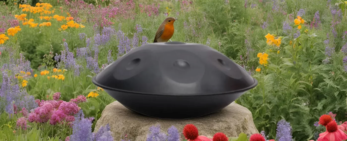 handpan 9 notes de couleur noir dans un jardin